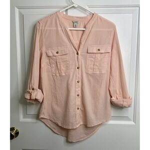 LL Bean Button Front Blouse Roll Tab Sleeves Womens Medium Organic Cotton Peach